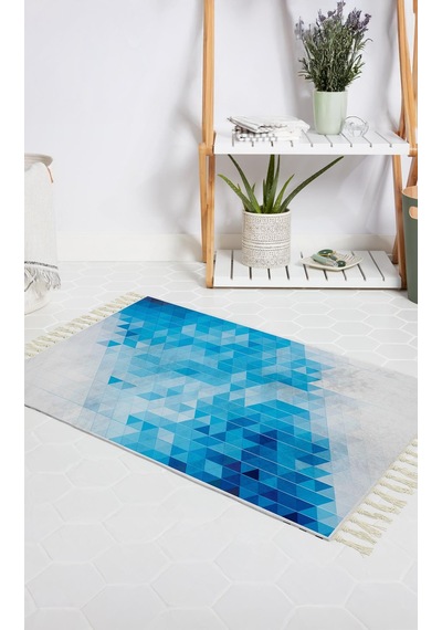 Banyo Halısı Dijital Baskılı Banyo Paspası 50x80 Polyester Kaymaz Tabanlı Duş Paspası Blue Square Beyaz - Siyah