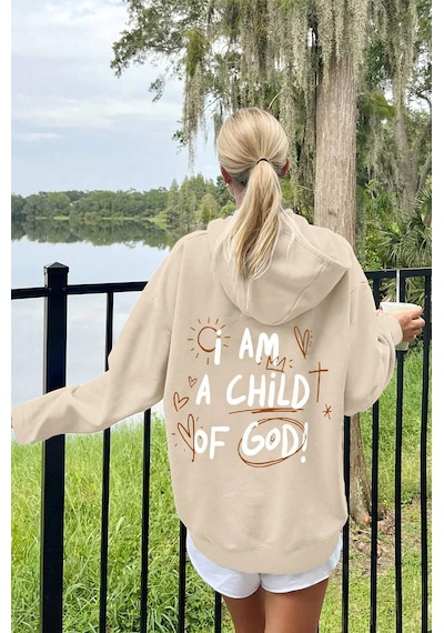 Sırt Baskılı Oversize Sweatshirt Bej