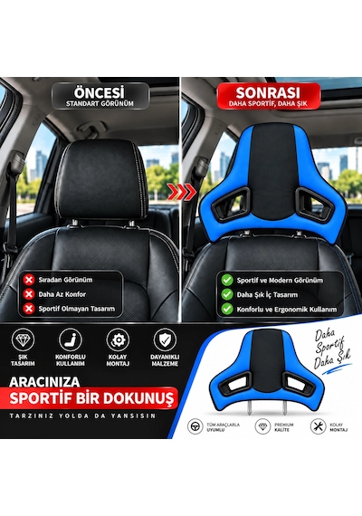 Universal Araç Koltuk Kafalığı Spor Yarış Tipi Lüx Deri Oto Başlık-mavi Mavi Siyah