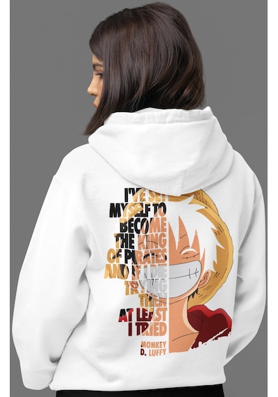 Sevbano Monkey D. Luffy One Piece Anime Sırt Baskılı Unisex Oversize Peny beyaz