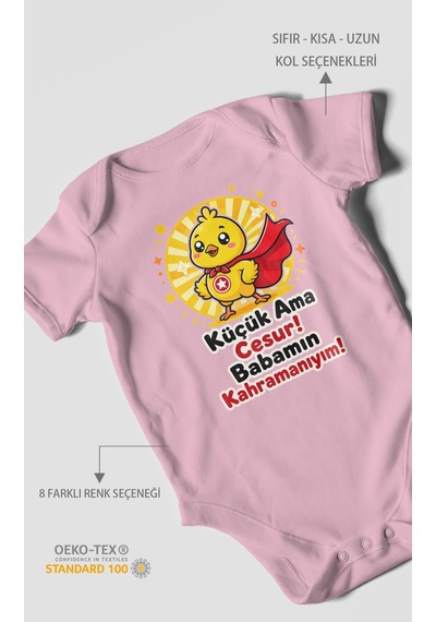 Morivokids Küçük Ama Cesur Babamın Kahramanıyım Kısa Kollu Bebek Body %100 Pamuk Koyu Pembe