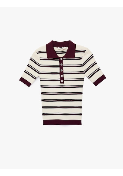 Koton Regular Fit Polo Yaka Çizgili Kısa Kollu Triko Kazak Bordo Çizgili 7wak90456ht