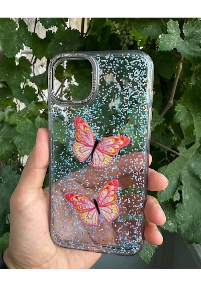 Apple Uyumlu iPhone 15 Plus Taşlı Simli Kelebekli Kılıf Gri