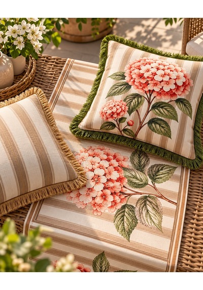 Çizgili Çiçek Desenli Runner + 4 Lü Kırlent Kılıfı Kombin Seti 45 x 45
