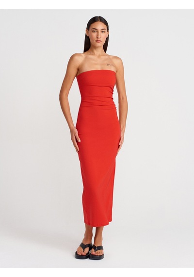 Dilvin 91368 Straplez Midi Elbise-kırmızı Kırmızı