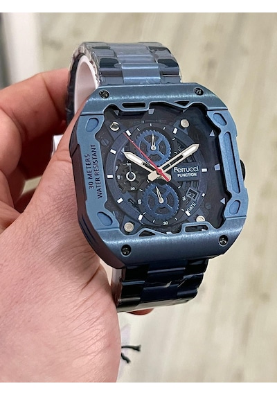 Ferrucci Kare Kadran Mavi Renk Fonksiyonları Aktif Takvimli 45mm Kasa Çap Erkek Kol Saati Mavi