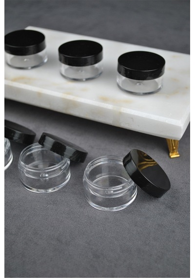 Qualitev 10 Adet Mika 10 Ml Krem Kavanoz Küçük 4 Cm Takı Siyah Kapaklı Mini Seyahat Krem Kavanozu Şeffaf