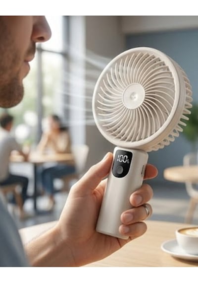 Şarjlı Standlı Güçlü El Fanı Masaüstü Mini Vantilatör 1200mah 5 Kademe Hız Ayarı Dijital Gös