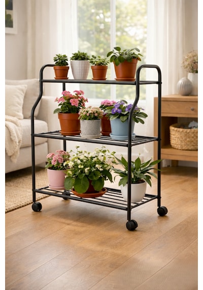 Modern Siyah 3 Katlı Metal Tekerlekli Mutfak Ve Dekoratif Saksılık Çiçeklik Dayanıklı Raflı Stand-organizer Siyah