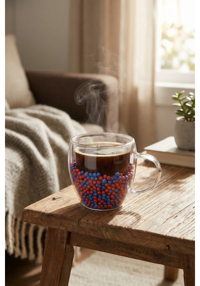 Makri Home Çift Cidarlı Bordo Mavi Cam Kupa 250 Ml Isıya Dayanıklı Çok Renkli
