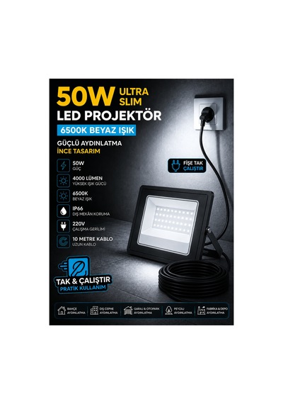 Noas Yl70-1050 50w Ultra Slim Led Projektör 6500k Beyaz Işık Ip66 10 Metre Kablolu Fişli Tak Çalıştır Dış Mekan Projektör - 920479645 Noas Yl70-1050 50w Ultra Slim Led Projektör 6500k Beyaz Işık Ip66 10 Metre Kablolu Fişli Tak Çalıştır Dış Mekan Projektör - 920479645