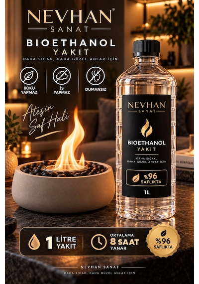 Bioethanol Yakıt 1 Litre %96 Saflıkta Şömine Yakıtı Kokusuz, Dumansız, İs Yapmaz Ortalama 8 Saat Yanma