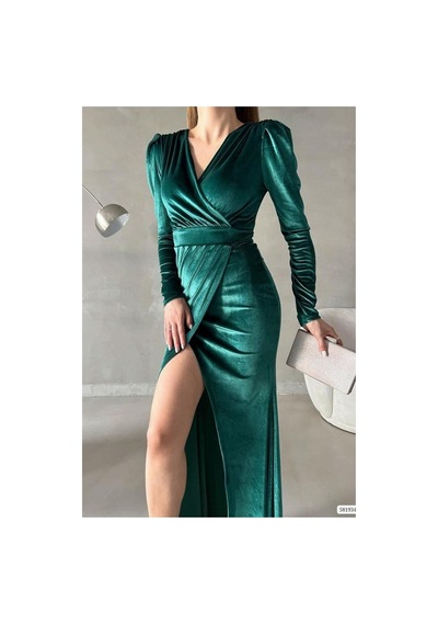 Lior Design Kadın El Emeği Kadife Kumaş Kruvaze Yaka Yırtmaçlı Maxi Abiye Elbise Zümrüt