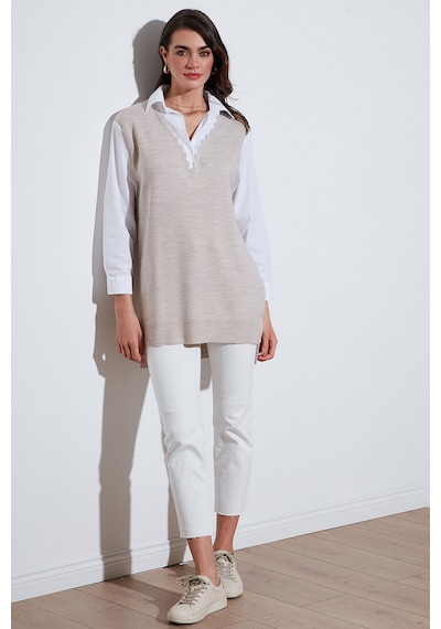 Lela Modest Standart Fit Gömlek Yaka Tesettür Triko Bayan Tunik 4612148 Bej