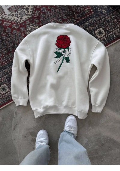 Mbb E-ticaret Kadın 3 İplik Pamuklu Bisiklet Yaka Gül Baskılı Sweatshirt - Beyazbeyaz Beyaz