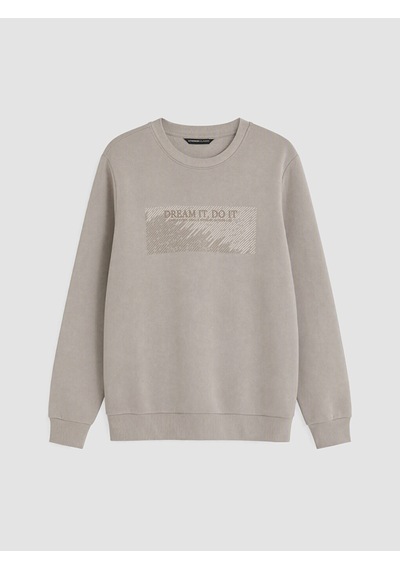 Lcwaıkıkı Classic Bej Bisiklet Yaka Baskılı Kalın Erkek Sweatshirt