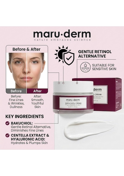 Maruderm Bakuchiol Anti Aging Yüz Kremi Retinol Alternatifi Nemlendirici Krem, İnce Çizgi & Kırışıklık Görünümüne Karşı, Hassas Ciltler İçin Uygun, 50 Ml
