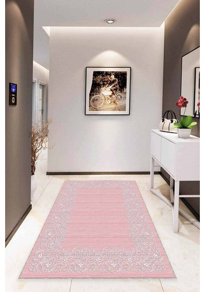 Pembe Çerçeveli Kaymaz Taban Makinede Yıkanabilir Halı Mk54n11