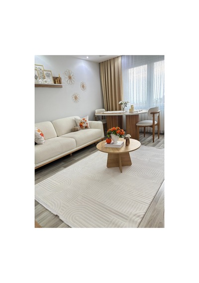 Alize Modern Geometrik Kabartmalı Krem Halı - Saçaklı İskandinav Tarzı Salon Oda Halısı Krem