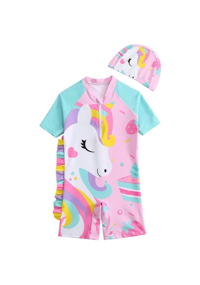 Unicorn Seker Pembe Mint Kollu Pembe Upf50+ Kısa Kollu Şapkalı Kız Çocuk Mayo Set Pembe