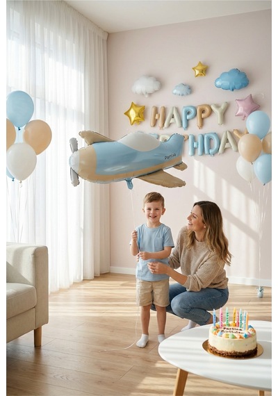 Retro Uçak Folyo Balon Erkek Çocuk Doğum Günü Parti Süsü Çok Renkli