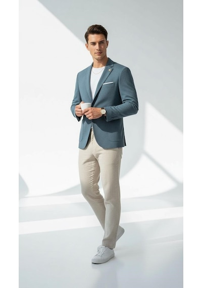 Plus Scorpion Erkek Slim Fit Blazer Ceket Tek Düğmeli Çift Yırtmaçlı Torba Cepli Yarım Astarlı Zümrüt Mavisi