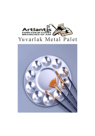 Yuvarlak Metal Palet 1 Adet Metal Boya Paleti 10 Hazneli 17 Cm Paslanmaz Resim Boyama Paleti Fırça Hediyeli