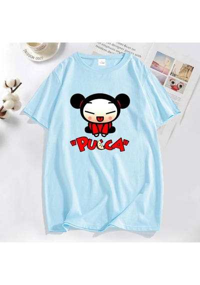 Flood Of Style Komik Karikatür Pucca Çin Bebek T-shirt Erkekler Kadınlar Sevimli Grafik T Shirt Pamuk Kısa K Mavi
