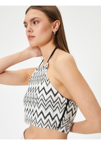 Koton Halter Yaka Kroşe Crop Top Desenli Yandan Fermuarlı Siyah Desenli 4sal30049ık Siyah