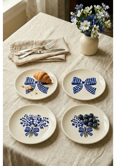 Blue Gift 4 Lü Çiçek Desenli Seramik Tatlı Tabağı 16 Cm Pasta Kahvaltı Sunum Tabak Seti Beyaz