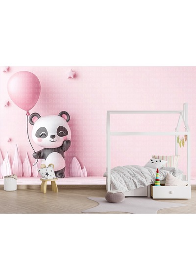 Pembe Balonlu Panda Çocuk Odası Poster Duvar Kağıdı