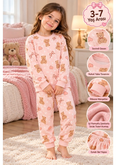 Üç Gül Ticaret Kız Çocuk 3-7 Yaş Ayıcıklı Kalpli Pijama Takımı İçi Pamuklu Şardonlu Bej