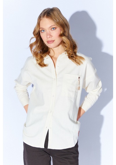 Manche Ekru Broş Detaylı Oversize Tek Cepli Gabardin Gömlek Mkw168174-01