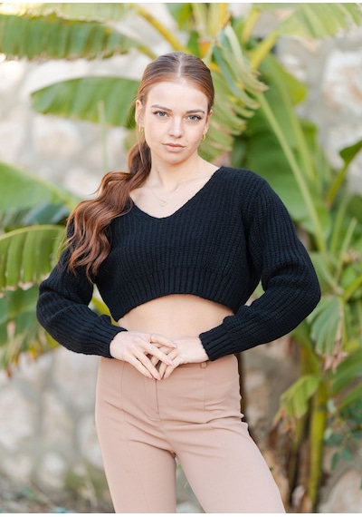 Örme Crop Kazak Siyah