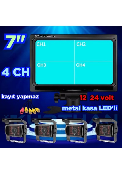 Kayıtsız 7 İnç Monitör 4 Adet Metal Kasa Kamera 12 24 Volt
