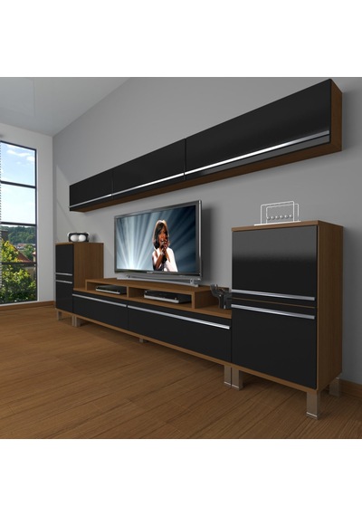 Decoraktiv Ekoflex 9 Mdf Krom Ayaklı Tv Ünitesi Tv Sehpası Ceviz - Siyah