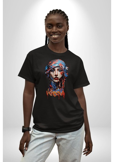 Khansa Eşarp Kadın Tasarımı Pamuklu Bisiklet Yaka Unisex Oversize Boyfriend Dijital Baskılı Siyah T-shirt Siyah