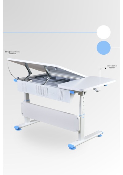 Vega Basic Yükseklik Ve Eğim Ayarlı Beyaz Çalışma Masası, Çekmeceli Bilgisayar Ve Ofis Masası, Mavi Gri Vega Basic Yükseklik Ve Eğim Ayarlı Beyaz Çalışma Masası, Çekmeceli Bilgisayar Ve Ofis Masası, Mavi Gri