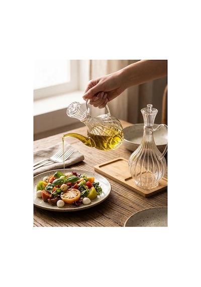 Reoona Cam Yağdanlık 750ml+750 Ml Glory Çizgili Bambu Stantlı Borosilikat Sirkelik El Üretimi Yağ, Sirke Açık Beyaz