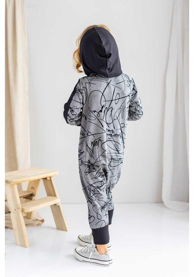 Oliven The Kid Oliventhekid Siyah Gri Ince Triko Geometrik Desenli Kapişonlu Önden Düğmeli Kışlık Unisex Çocuk Tulum Bej Bej