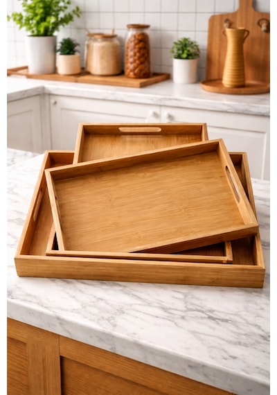 Makri Home 3'lü Dikdörtgen Bambu Tepsi Seti, Büyük: 29 X 41 Cm, Orta: 26 X 37 Cm, Küçük: 23 X 33 Cm Sarı