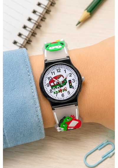Erkek Çocuk Siyah Kasa Füme Silikon Kordon Araba Desenli Analog Kol Saati St-304443 Beyaz