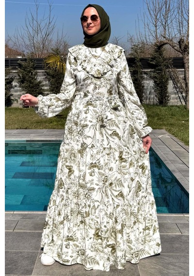 Rabia Şamlı Botanik Elbise Yeşil Normal