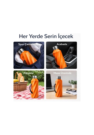 Tr Soğutucu Saplı Termos, 1 L, Paslanmaz Çelik, Taşınabilir, Buz Eklemeden Soğutma, Termojel Sistemli, 28 Cm Yüks Genel