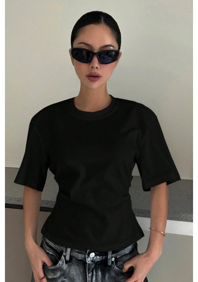 Kadın Siyah Kısa Kollu Sırt Dekolteli Slim Fit Bluz/t-shirt Siyah