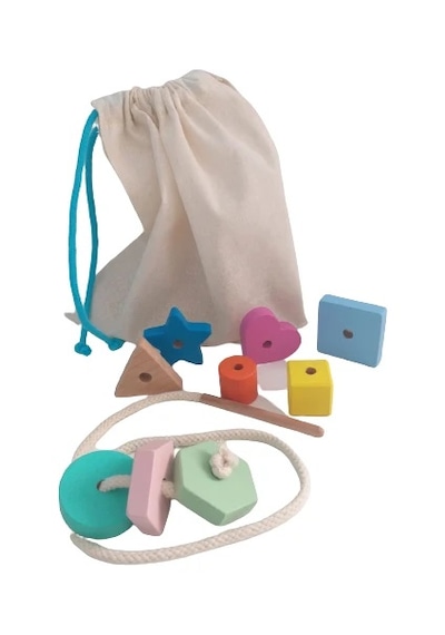 Montessori Ahşap Oyuncak - Giz Torbası Ve Ip Geçir Geometrik Şeki