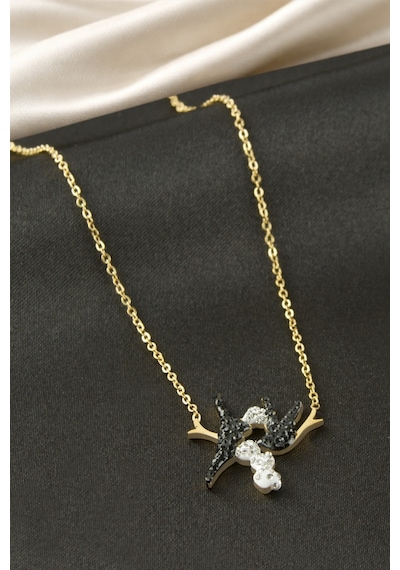 Kuş - 542 - Zirkon Taşlı Çelik - Spt-gld - Kolye Sarı