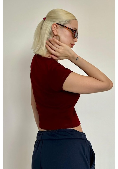 Bordo V Yaka Basic Kadın Tişört Mg2450