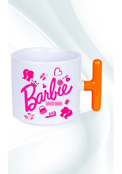 Enter Mode Barbie Baskılı T Saplı Kupa Bardak Porselen Çay Kahve Fincanı Turuncu