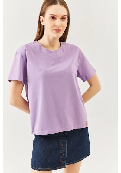 Kadın Oversize Rahat %100 Pamuklu Penye Bisiklet Yaka Kısa Kol Basic T-shirt Lila